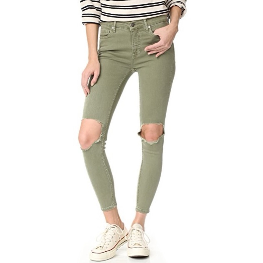 Free People Olive Busted Knee Skinny Jeans